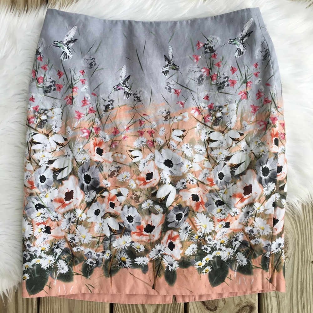 Talbots Hummingbird Linen Floral Pencil Skirt